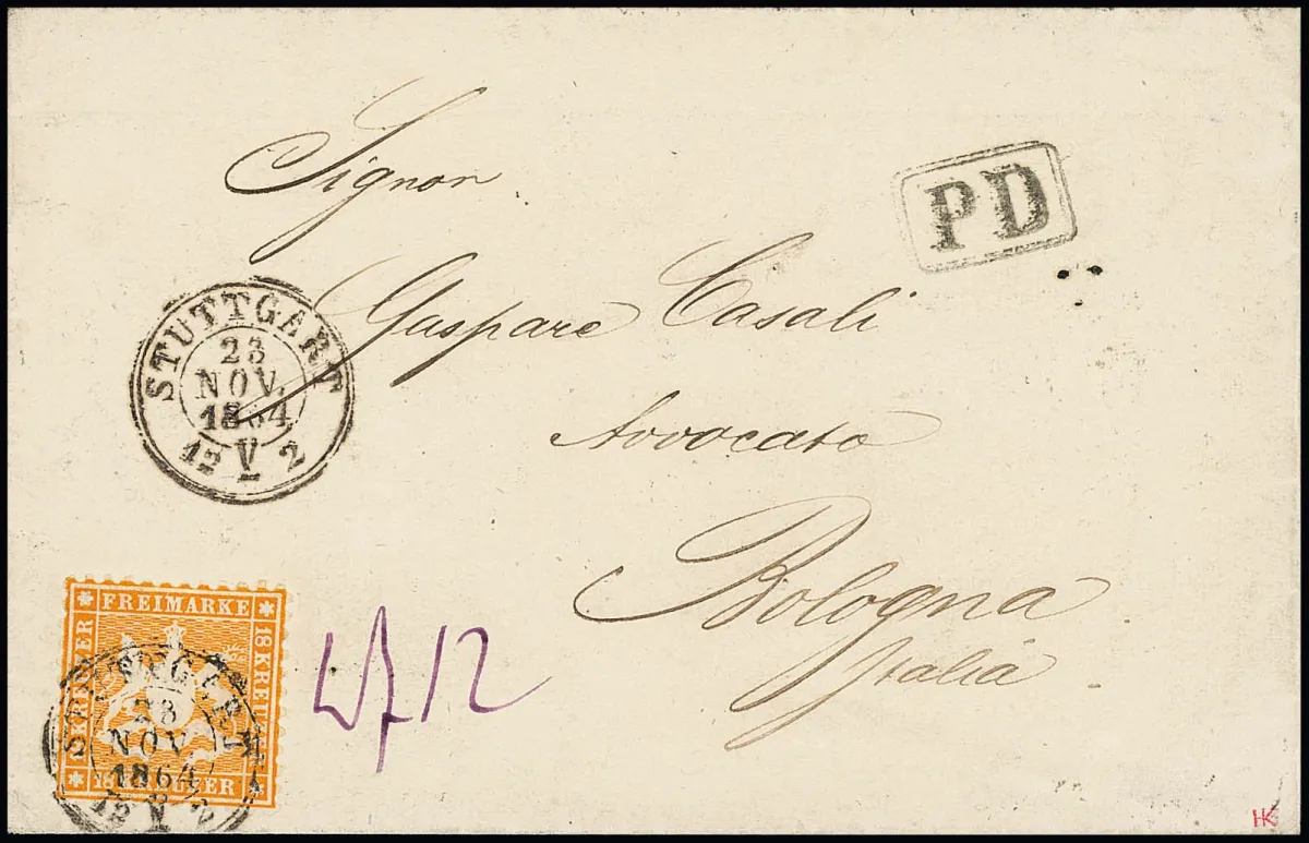 18 Kr. pomarańczowy (dolny ząb lekko poprawiony) pojedynczo na dekoracyjnym liście złożonym z K2 "Stuttgart" 1864 do Bolonii/Włochy (6 Kr. unia pocztowa, 6 Kr. Szwajcaria i 6 Kr. Włochy). Podpis Krause i certyfikat Irtenkauf "Piękny i dekoracyjny list, z rzadkim pojedynczym frankowaniem, w dobrym stanie". Mi. 2500,-