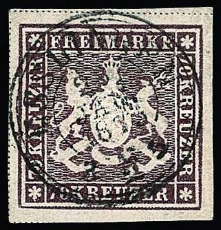 70 Kr. braunlila, Bogenfeld 3, breitrandiges Luxusstück mit zentrischem K2 "Esslingen", tieffarbig und dekorativ, in dieser schönen Erhaltung ein…