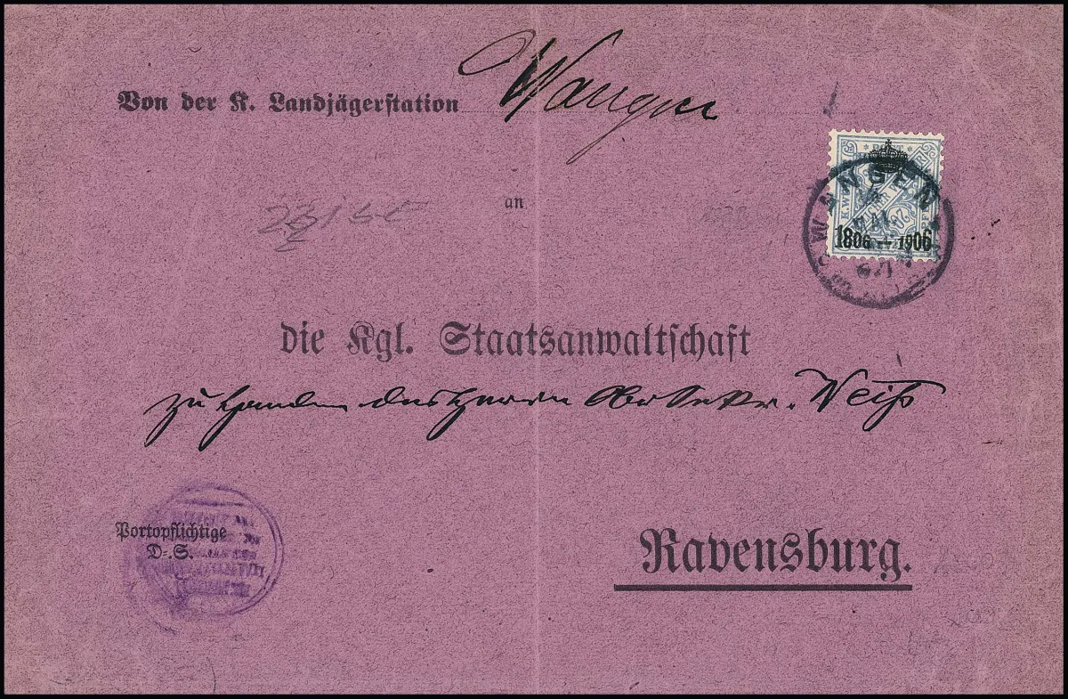 20 Pfg. grey-blue, perfect single example on purple cover (central fold) from Wangen 1906, very rare commercial usage, certificate Winkler. Mi. 2000,-