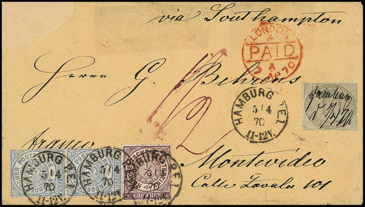 1/4 Gr. rotviolett in Mischfrankatur mit Paar 2 Gr. blau und 10 Gr. gelblichgrau (diese kleine Randmgl.) als vollständige Frankatur auf beigem Couvert (dieses…