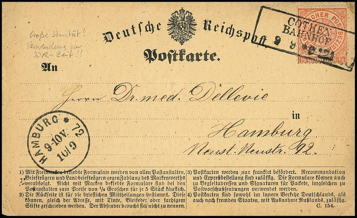 1/2 Gr. orange, bien dentelé, utilisé à l'époque du Brustschild le 9.9.1872 sur formulaire de carte postale du Reich, avec Ra3 "Cöthen Bahnhof" sans taxe pour Hambourg, formulaire légères traces d'usure, un usage rare
