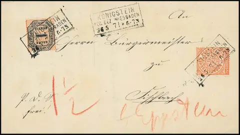 1/2 гр. оранжевая в смешанной франкировке со служебной 1 гр. чёрн./розовой на роскошном письме с Ra3 "Königstein Reg. Bez. Wiesbaden", 26.5.71, в Fischbach в сельском округе...