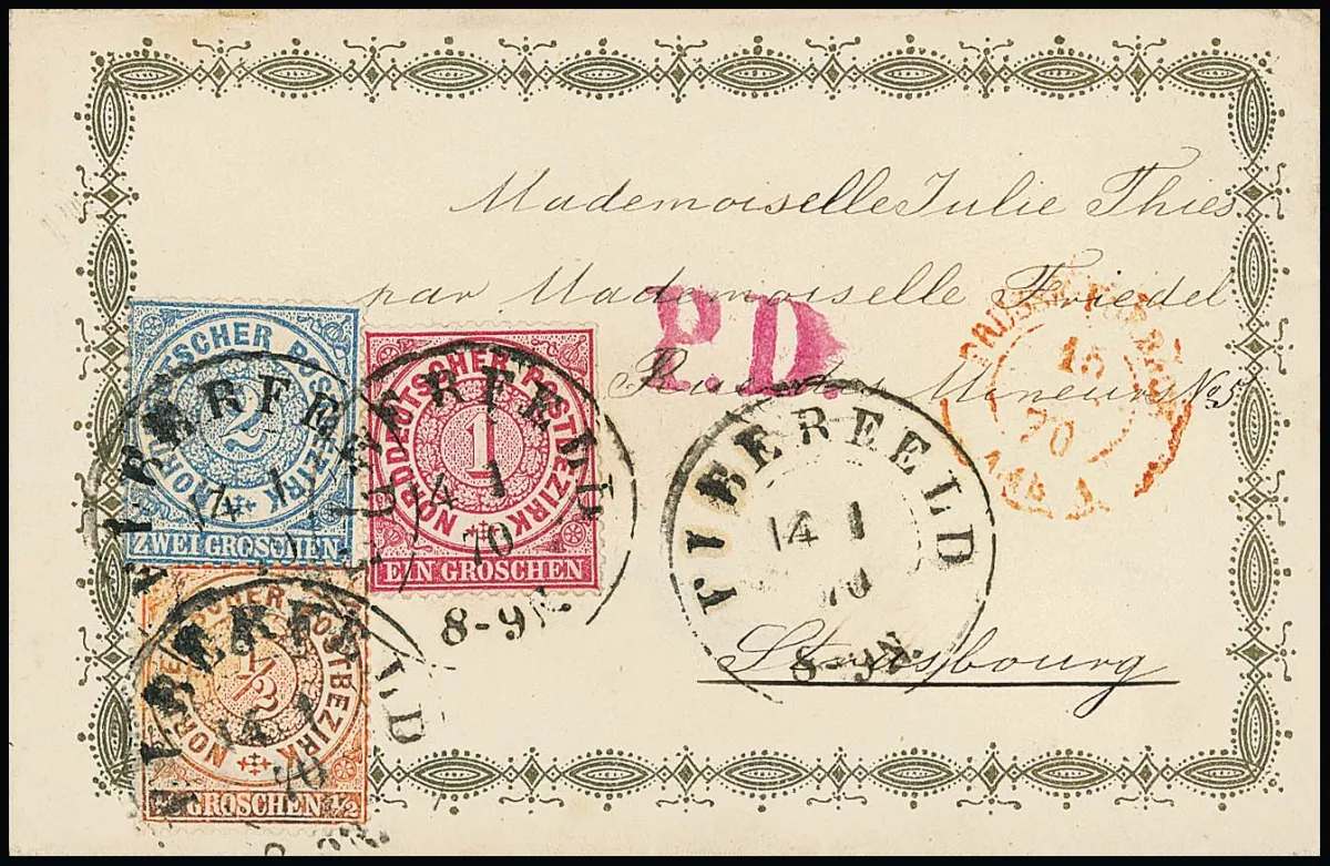 Четыре декоративных письма из одной переписки, 5.1. до 24.3.1870, каждое с K2 "Elberfeld" на "Mademoiselle Julie Thies" в Straßbourg, все франкированы 1/2...