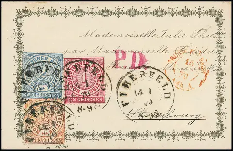Четыре декоративных письма из одной переписки, 5.1. до 24.3.1870, каждое с K2 "Elberfeld" на "Mademoiselle Julie Thies" в Straßbourg, все франкированы 1/2...