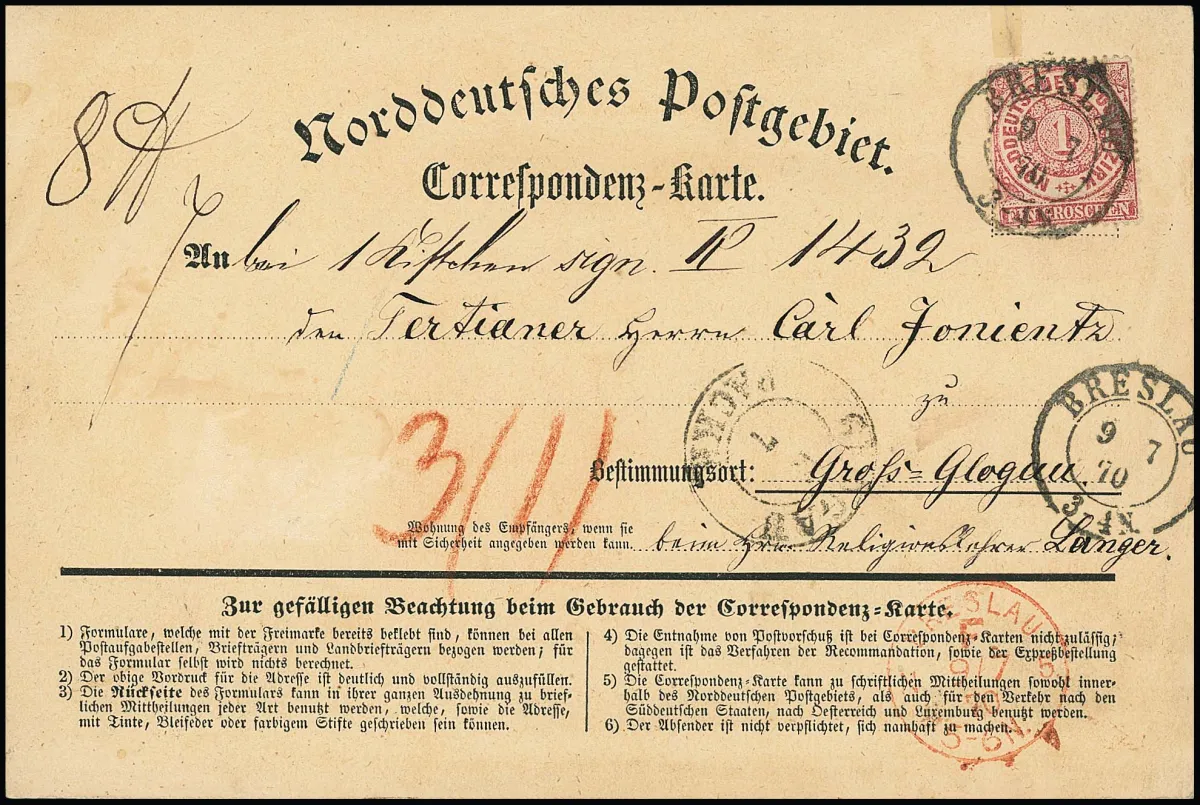 1 Gr. rosa (min. "eckrund") einzeln in seltener Verwendung auf Correspondenzkarte mit K2 "Breslau" und rotem Franko-K1 "Breslau F.N.5" als Teilbar-Frankatur…