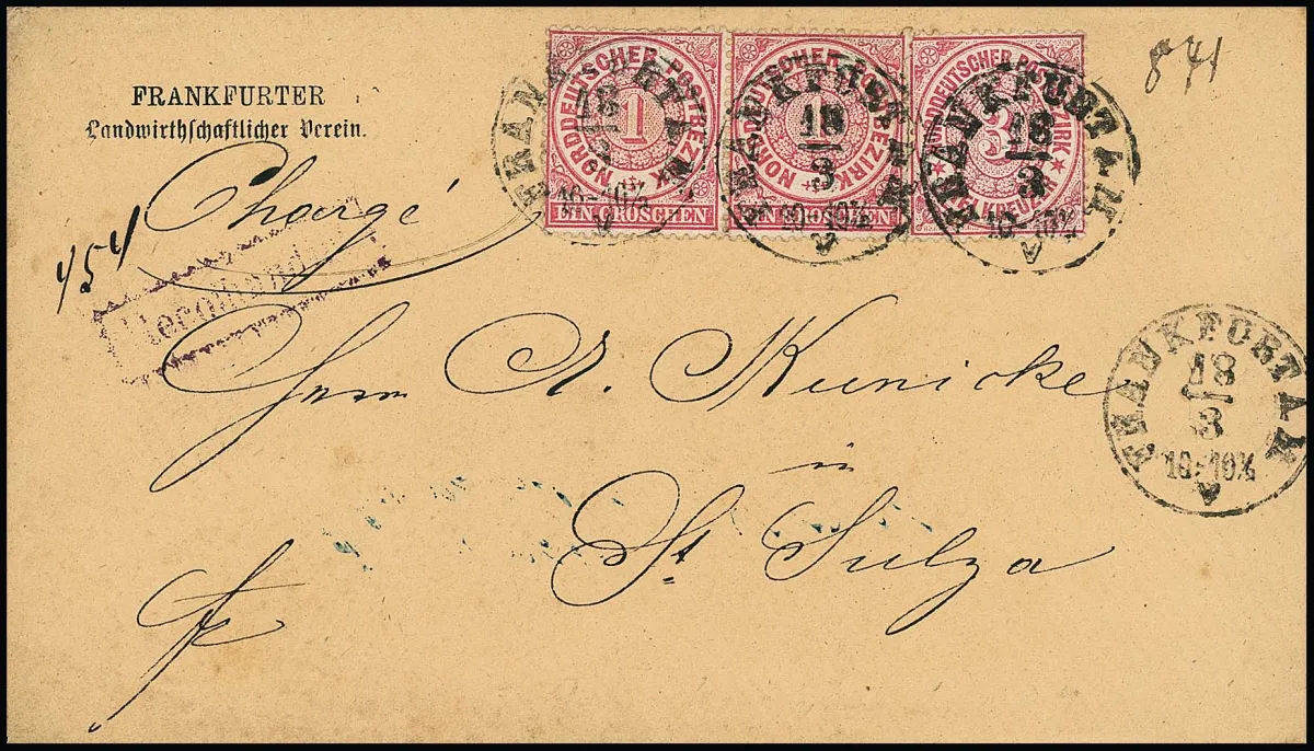 1 Gr. rose en paire horizontale en affranchissement mixte de monnaies avec 3 Kr. rose sur enveloppe de cabinet beige (imprimé de l'Association agricole) avec K1…