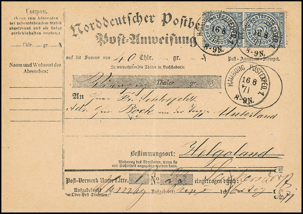 2 Gr. blue, largely well-perforated pair (one short tooth at bottom) on complete postal order (this typical slight center fold outside) with K1 "Hamburg…