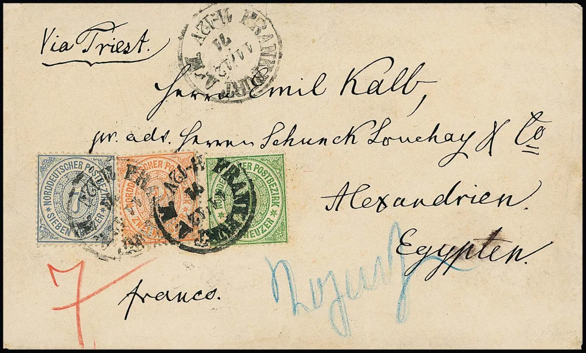 1 Kr. vert, 2 Kr. rouge-orange et 7 Kr. bleu, pièces de cabinet bien dentelées sur enveloppe avec K1 "Frankfurt a.M.", nov. 1871, de la correspondance "Kalb" vers Alexandrie/Égypte
