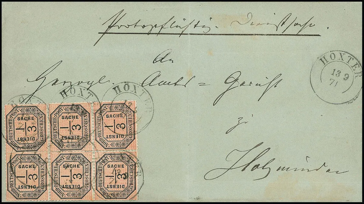 Dienst 1/3 Gr. black/pink, very rare block of six, somewhat compressed when affixed (therefore also slightly separated) on folded letter with K2 "Höxter", 13.9.71, to Holzminden. Letters with this franking are among the rarities of the NDP service stamps! Certificate Mehlmann