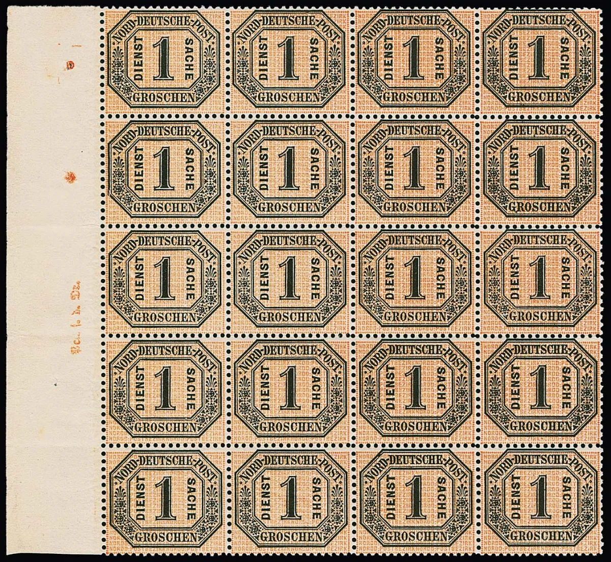 Dienst 1 Gr. black/pink in mint never hinged superb block of 20 from the left sheet margin with margin inscription "Pc. f. d. Dr." (= point for the printer) and two printed marking points. In the intermediate space horizontally slight pre-folding traces. Very rare large unit of this stamp, of which there were no remaining stocks