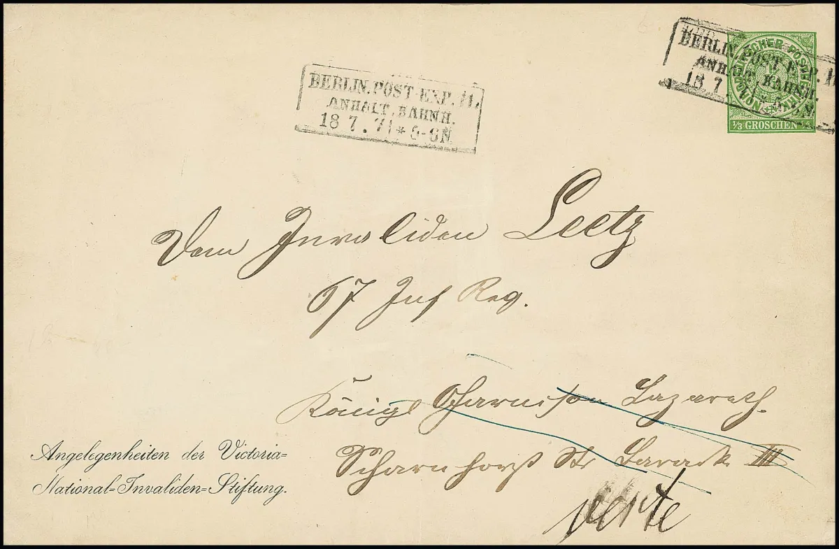Enveloppe entière de la Victoria-National-Invalidenstiftung 1/3 Gr. verte, format 187:122mm, utilisée comme lettre locale de retour à un invalide, avec Ra3 "Berlin…