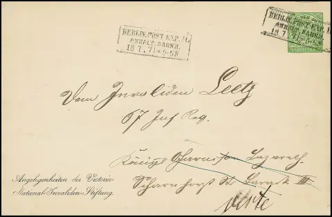 Цельный конверт Victoria-National-Invalidenstiftung 1/3 гр. зелёный, формат 187:122 мм, использован как возвратное местное письмо инвалиду, с Ra3 "Berlin..."