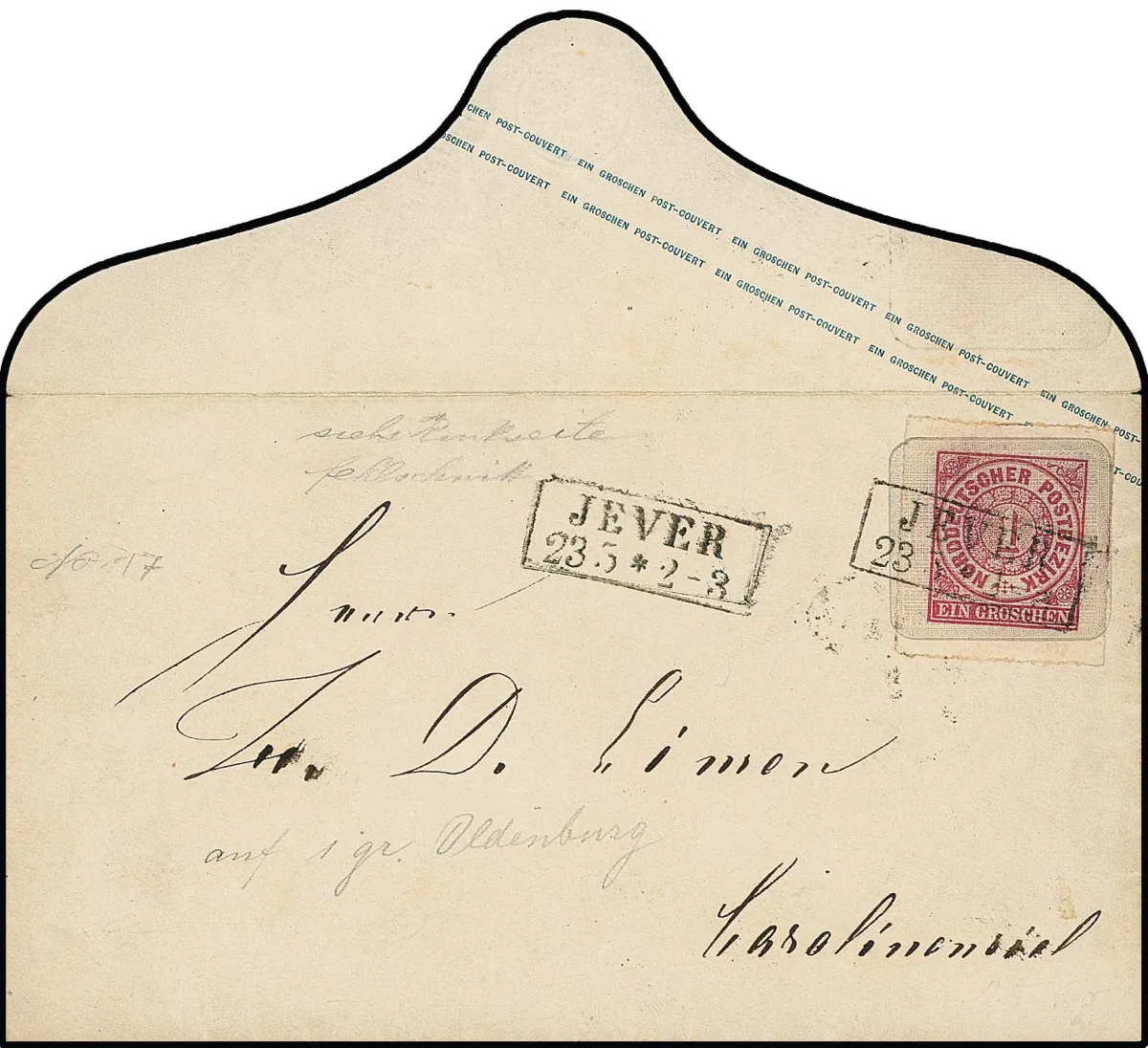 Entier de consommation 1 Gr. rose sur Oldenburg 1 Gr., enveloppe de cabinet avec Ra2 "Jever", rare, peut-être unique erreur d'impression de la collection Petschek,…