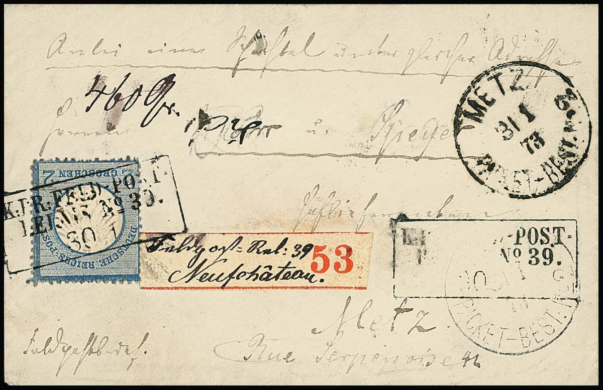 2 Gr. blue, at bottom three somewhat shortened teeth typical of issue, single on field post parcel accompanying cover with Ra3 "K. Pr. Feld-Post-Relais No. 39" as well as…