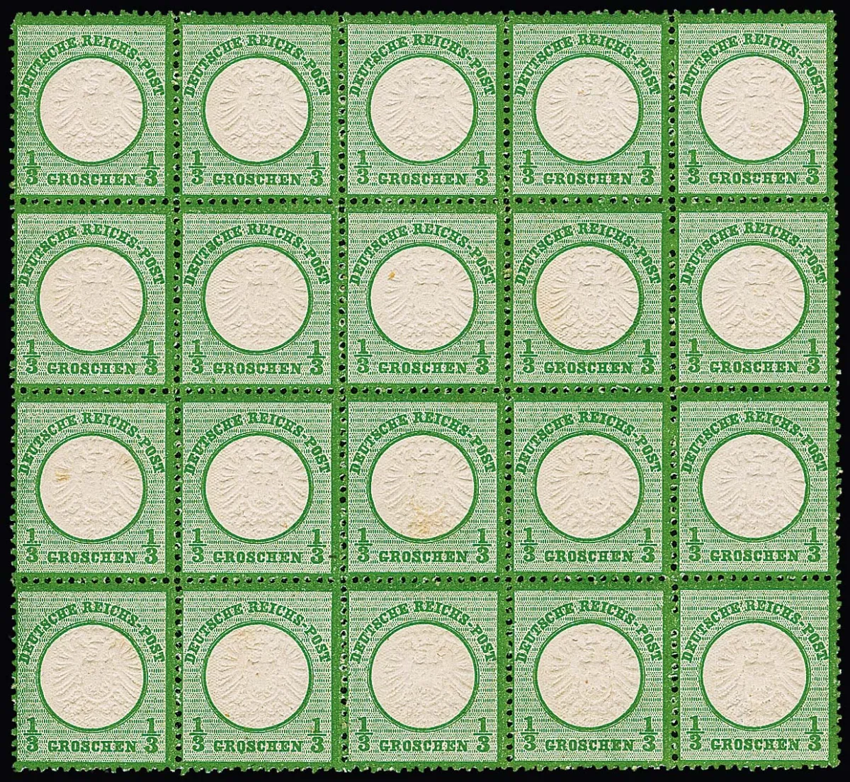 1/3 Gr. green, mint never hinged luxury block of 20 with partly rare rough perforation, well centered, beautiful and rare unit, certificate Scheller "superb". Mi. 3600,-