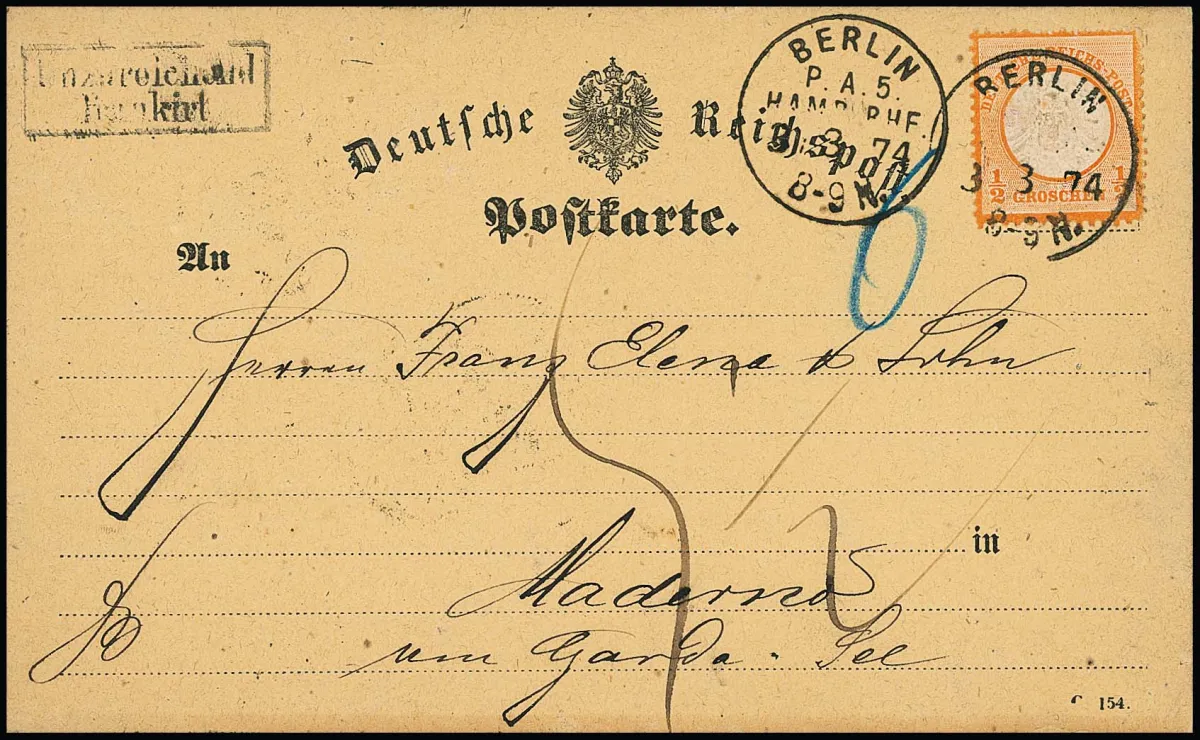 1/2 Gr. orange (oben kleine Zahnverkürzungen) einzeln auf Auslands-Postkarte mit K1 "Berlin P.A.5. Hamb. Bhf." 1874 nach Maderno/Italien. Ra2 "Unzureichend…