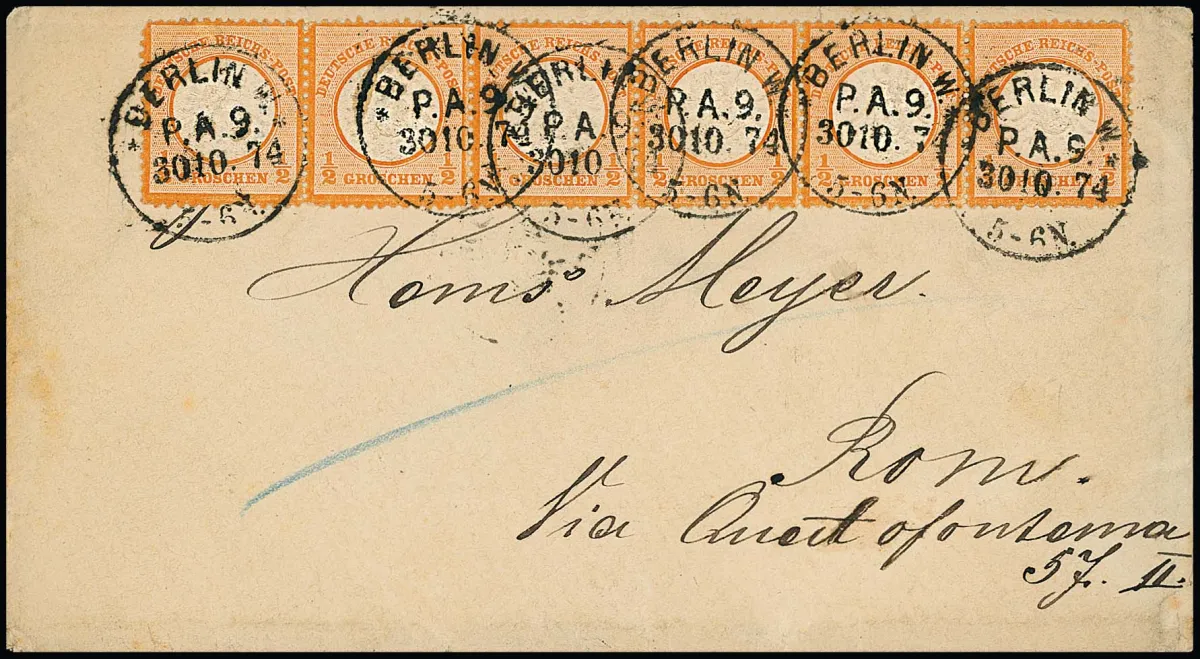 1/2 Gr. orange, rare bande horizontale de six (avec les petits défauts de dentelure habituels) sur enveloppe 1874 avec K1 "Berlin W. P.A.9." pour Rome/Italie. Ex Gabor Kekkö