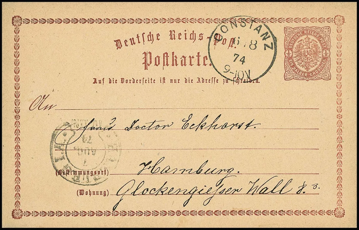 Three postal stationery cards 1/2 Gr. brown (normal, not reply cards!) each used in Baden by a traveler from Hamburg to his wife, each with detailed travel descriptions, from Ettlingen (K1 of 22.7.1874), Gernsbach (old Baden K1 of 23.7.) and Constance of 6.8. Rare foreign currency uses of groschen cards in kreuzer area, in good condition and from unusually identical correspondence