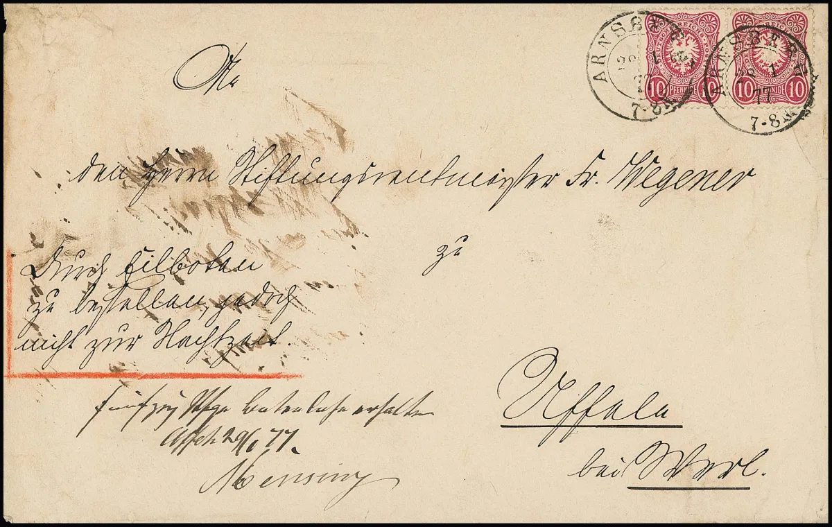 Two rare rural express letters 1876/77 from same correspondence from Arnsberg (K2) to Uffeln near Werl, with 10 Pfg. single or in pair for double letter,…
