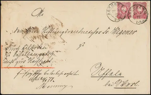 Zwei seltene Land-Expreßbriefe 1876/77 aus gleicher Korrespondenz von Arnsberg (K2) je nach Uffeln bei Werl, mit 10 Pfg. einzeln bzw. im Paar für Doppelbrief,…
