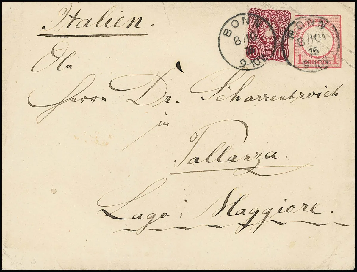 10 Pfge. dark red (borderline shade to "blood red") in currency mixed franking on large-format Brustschild postal stationery 1 Gr. pink, with K1 "Bonn", late 8.10.1875,…