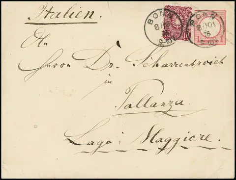 10 Pfge. dunkelrot (Grenznuance zu "blutrot") in Währungs-Mischfrankatur auf großformatiger Brustschild-Ganzsache 1 Gr. rosa, mit K1 "Bonn", spät 8.10.1875,…