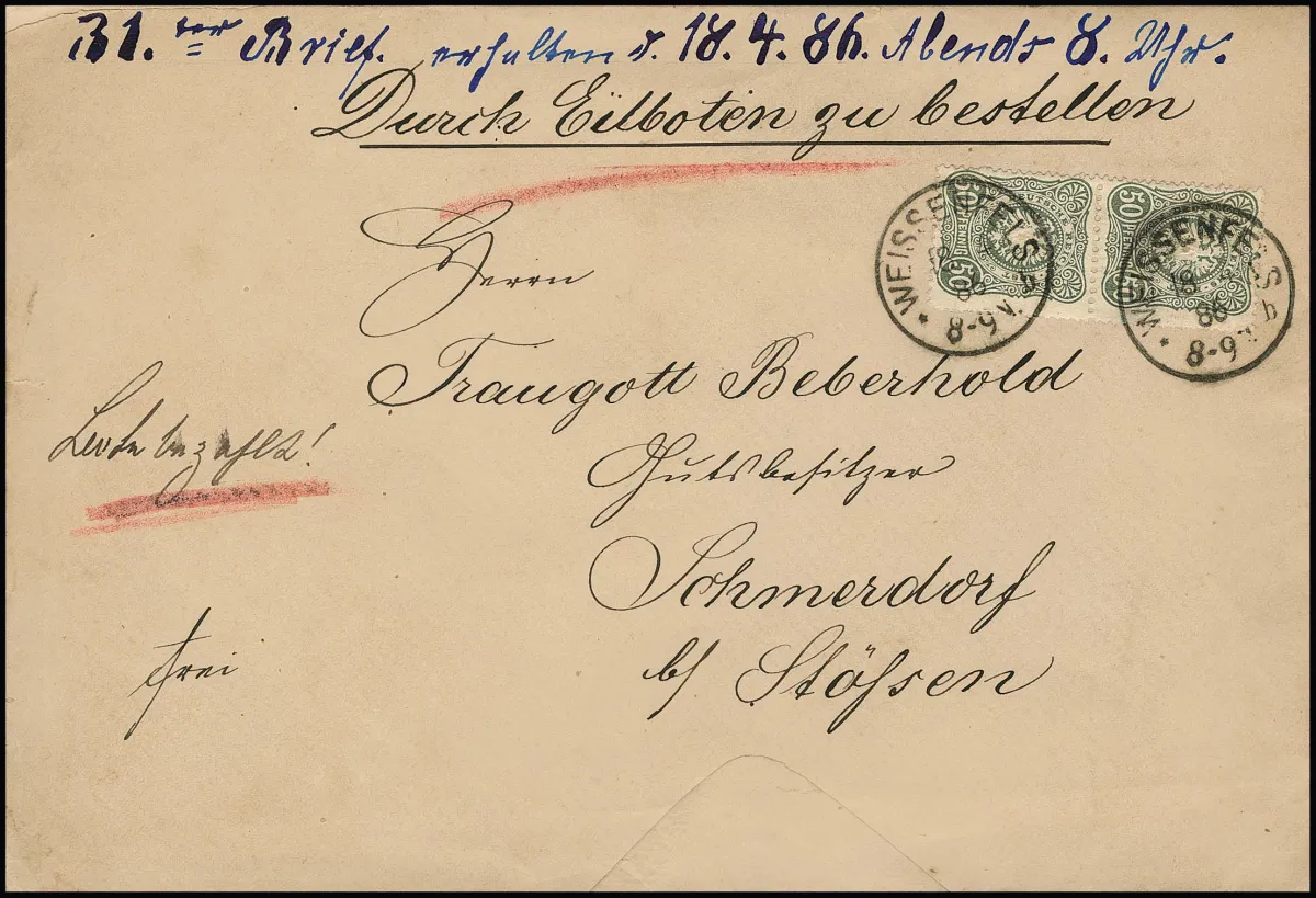 50 Pfg. graugrün per zwei auf Landexpreßbrief der 2. Gewichtsstufe (Couvert min. Gebrauchsspuren) von Weissenfels 1886 nach Schmersdorf bei Stössen. Porto 20…