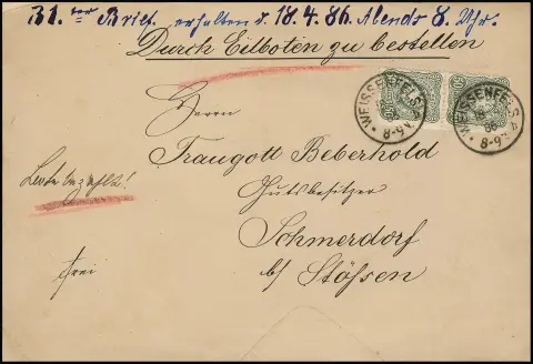 50 Pfg. graugrün per zwei auf Landexpreßbrief der 2. Gewichtsstufe (Couvert min. Gebrauchsspuren) von Weissenfels 1886 nach Schmersdorf bei Stössen. Porto 20…