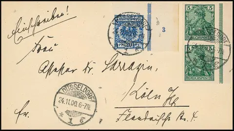 20 Pfg. blau, rechte obere Zwischenstegecke mit Platten-Nr. "3", nebst Randpaar 5 Pfg. Germania, auf als R-Brief adressiertem Couvert, wahrscheinlich als…