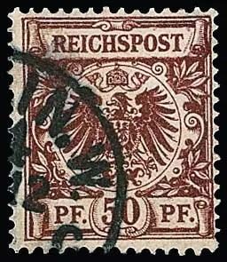 50 пф. огненно-красная, редкая марка безупречно погашена (вероятно, 1889). Подпись Pfenninger и аттестат Petry "свежий цвет, типичный цвет и полная зубцовка ... в безупречном состоянии. В данном состоянии ... редкость!" Mi. 1800,-