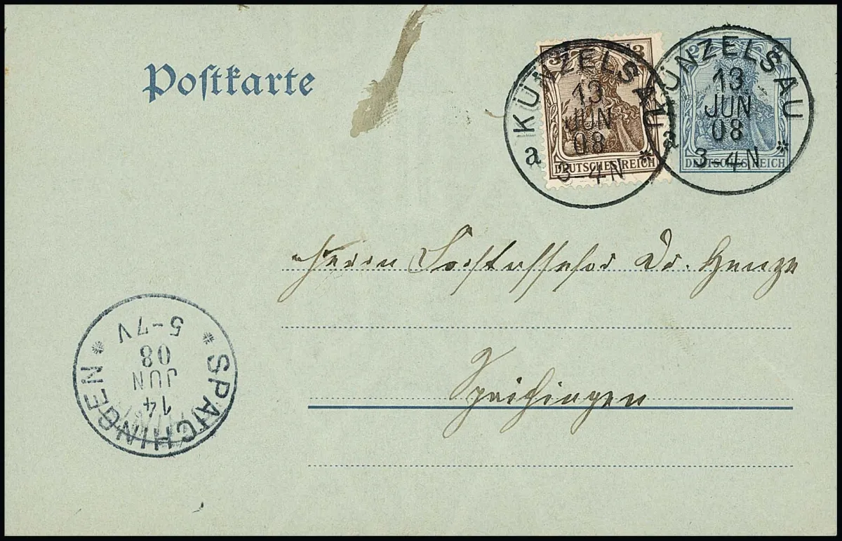3 Pfg. Germania na velmi vzácné celinové kartě 2 Pfg. šedá (P76, Mi. 1.650,-), s K1 "Künzelsau" 1908 do Spaichingen. Atest Jäschke-Lantelme: "v bezvadném, použitém stavu."