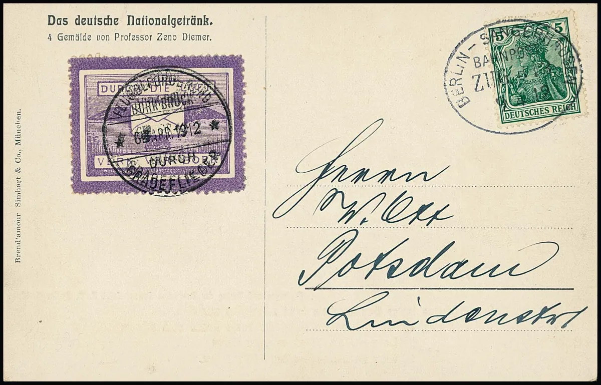 Flugpost Bork-Brück 1912, violette Flugpostmarke auf Flugpostkarte mit Stempel "Flugbeförderung Bork-Brück durch Geradeflieger", nebst 5 Pfg. Germania, diese…