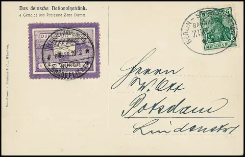 Авиапочта Bork-Brück 1912, фиолетовая авиапочтовая марка на авиапочтовой карточке со штемпелем "Flugbeförderung Bork-Brück durch Geradeflieger", вместе с 5 пф. Germania, эта с поездным штемпелем "Berlin-Sangerhausen", в Potsdam. На целом предмете, к тому же в хорошем состоянии, редкая авиапочтовая марка. Mi. 2.000,-