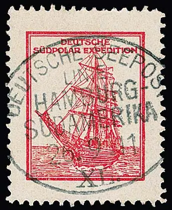 Немецкая антарктическая экспедиция 1911, марка Германской южнополярной экспедиции с четким морским почтовым круглым штемпелем линии "Гамбург-Западная Африка" 1911