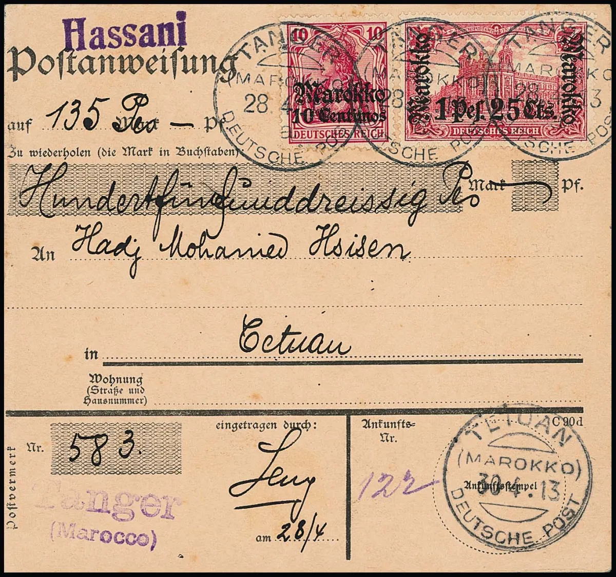 10 C. a. 10 Pfg., together with 1 Pes. 25 Cts. a. 1 Mk., on inland parcel card from Tangier 1913 to Tetouan, with blue L1 "Hassani" on front and corresponding…