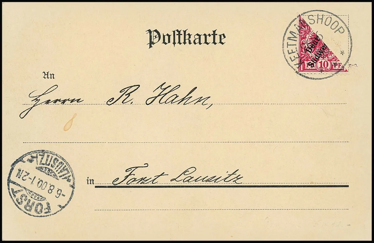 Two matching bisects: 10 Pfg., each as diagonal bisect of the same stamp (lower left and upper right half) on two identically…