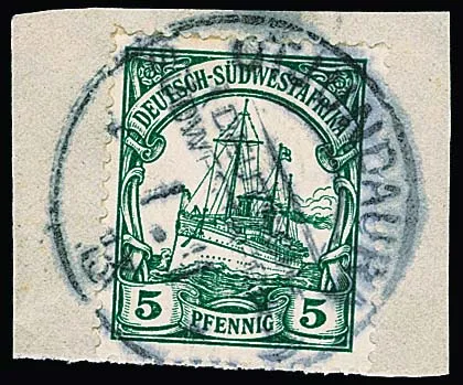 5 Pfg., üblich gez., auf Briefstück mit klarem, seltenem Stempel "Otjundaura" v. 1.1.1913, ArGe + 1200,-
