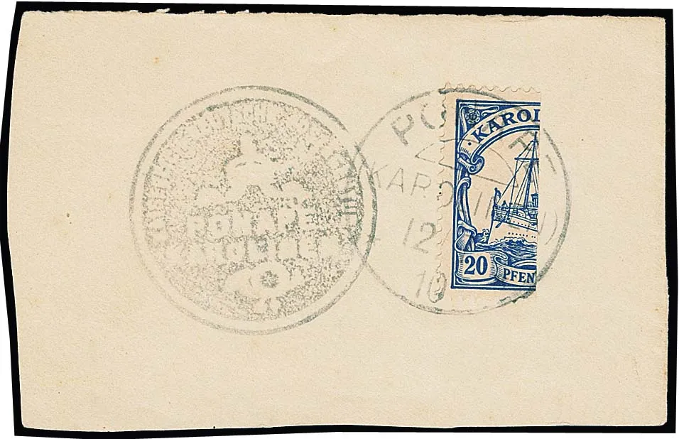 20 Pfg. rozpůlené na ústřižku s razítkem "Ponape" a úřední pečetí (tzv. "Ponape-Provisorium"), Mi. 3000,-