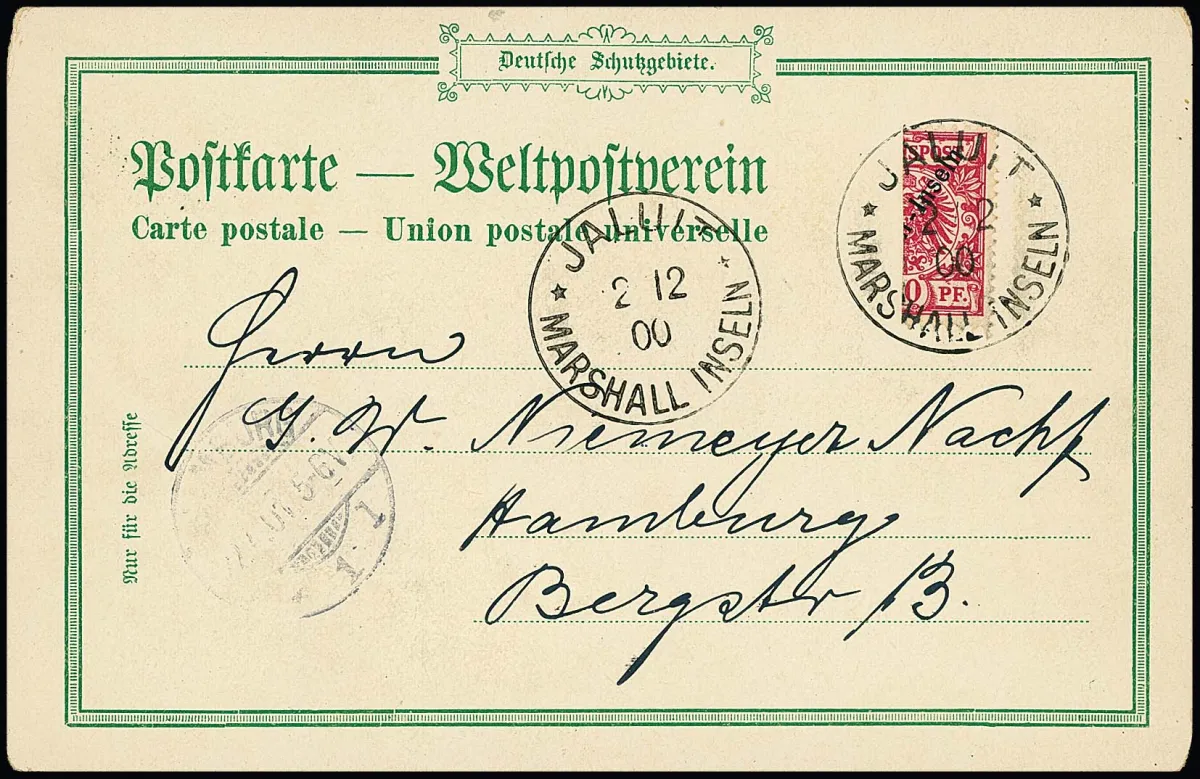 10 Pfg., coupé verticalement en deux, sur carte postale impeccable de Jaluit, 2.12.1900, donc du premier jour (!), Mi. 9000,- + premier jour, attestation Lantelme