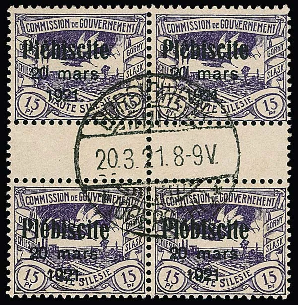 15 Pfg. grey-violet, overprint "Plebiscite", block of four with two interpanneau pairs, centred cancel "Borsigwerk". Rare. Certificate Gruber. Michel without valuation