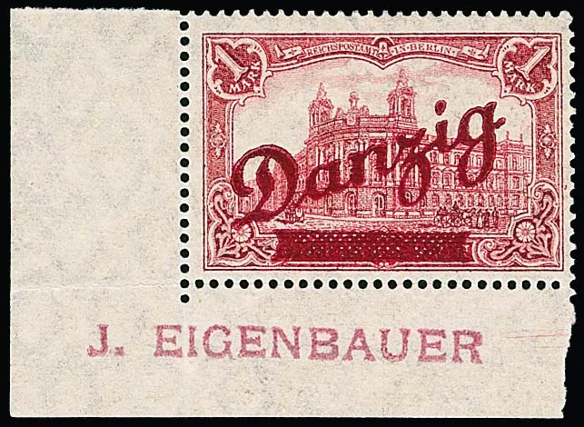 1 Mk. "large internal service", mint hinged lower left sheet corner (pre-folded in perforation), signed Bloch, Eigenbauer, photo certificates Gruber and Kniep. Mi. 1400,- +