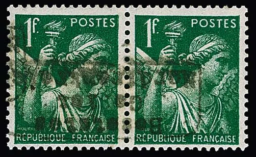 Dünkirchen 1 Fr. Iris im Paar mit kopfstehendem Handstempelaufdruck in Type I tadellos postfrisch, eine sehr seltene Marke, von der "bisher nur wenige…