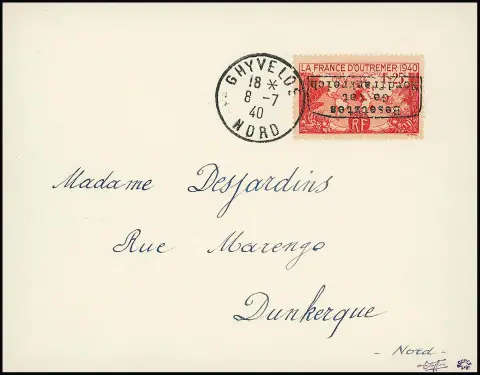 Дюнкерк, 1 фр. + 25 с. заморские с перевёрнутым горизонтальным ручным штампом тип I (на марках, ещё находившихся у публики) на письме
