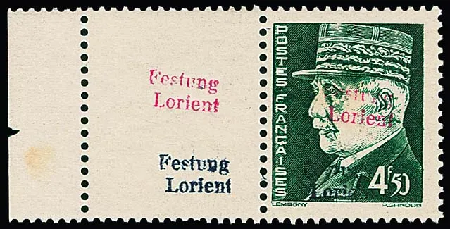 Lorient, 4.50 Fr. Petain, handstamp overprint "Festung Lorient" in dark blue-violet and dark pink carmine, superb mint never hinged left margin piece, also the margin with two overprints.