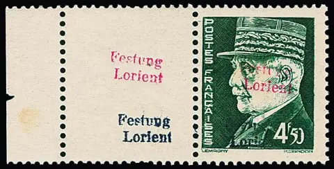 Лорьян, 4,50 фр. Петен, ручной штамп "Крепость Лорьян" тёмно-сине-фиолетовый и тёмно-розово-карминовый, безупречно, без наклейки, левый купон
