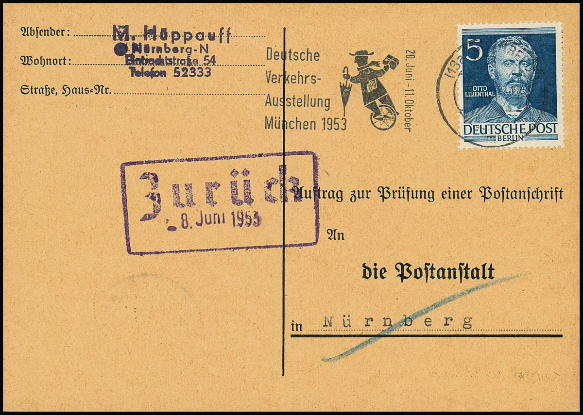 5 Pfg. Mannen, onberispelijke en schone enkelvoudige frankering op adrescontrolekaart van Neurenberg 1953 binnen de stad. Deze enkelvoudige frankering variant behoort tot de zeldzaamheden van het verzamelgebied. De zegel is onberispelijk, de kaart vertoont aan de bovenrand een klein gebruiksscheurtje (onbelangrijk). Attest D. Schlegel