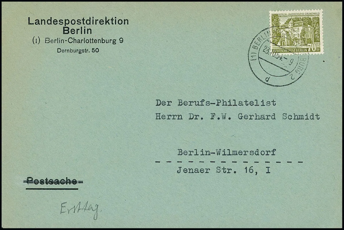 70 Pfg. "Jagdschloß Grunewald" sur FDC local propre, une des raretés FDC de cette région, Mi. 1.700,-