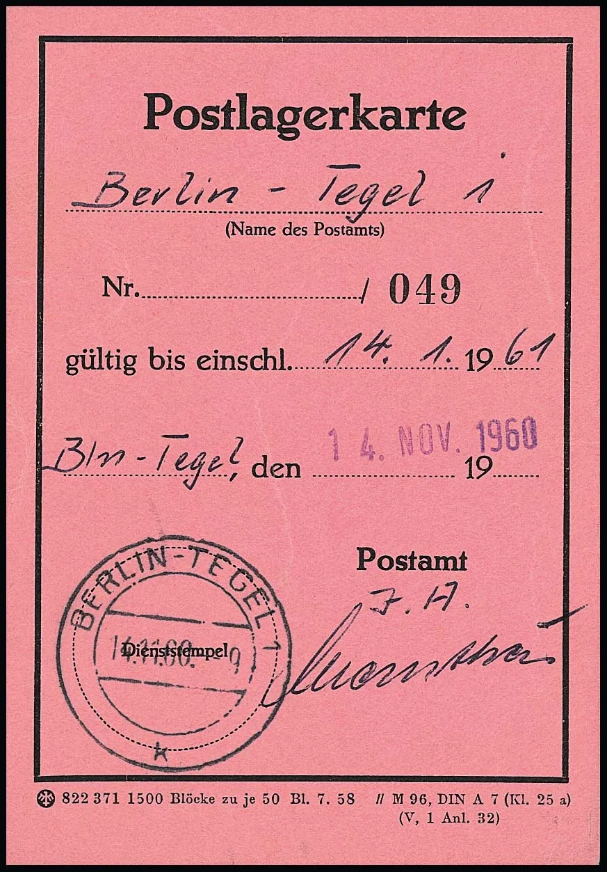 1 DM "Großer Kurfürst" en affranchissement unique très rare sur "carte poste restante" de Berlin-Tegel 1960, cachet rond centré