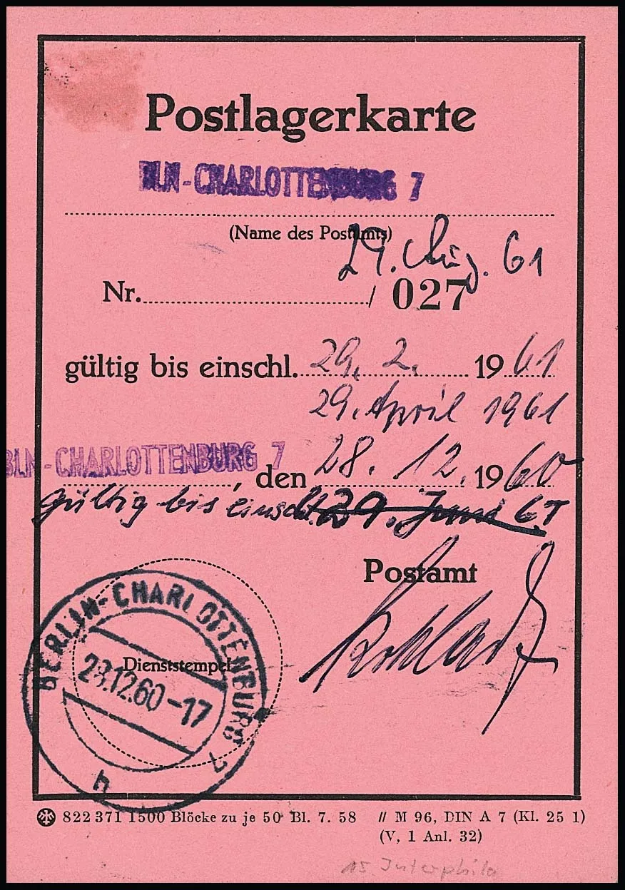 1 DM "Großer Kurfürst", very rare pure multiple franking of four copies on pink "poste restante card" from Berlin-Charlottenburg 1961