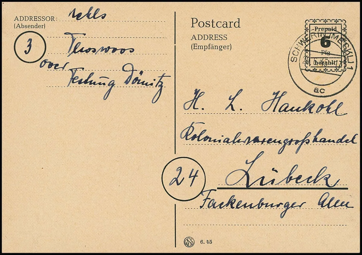 Entier postal Mecklembourg 6 Pfg. noir, rare P791I, parfaitement oblitéré de Schwerin, 20.6.1945, pour Lübeck. Une rareté d'entier postal (première émission, type 3 sur quatre) en excellent état, surtout compte tenu des circonstances. Certificat Kramp "einwandfrei". Mi. 1400,-